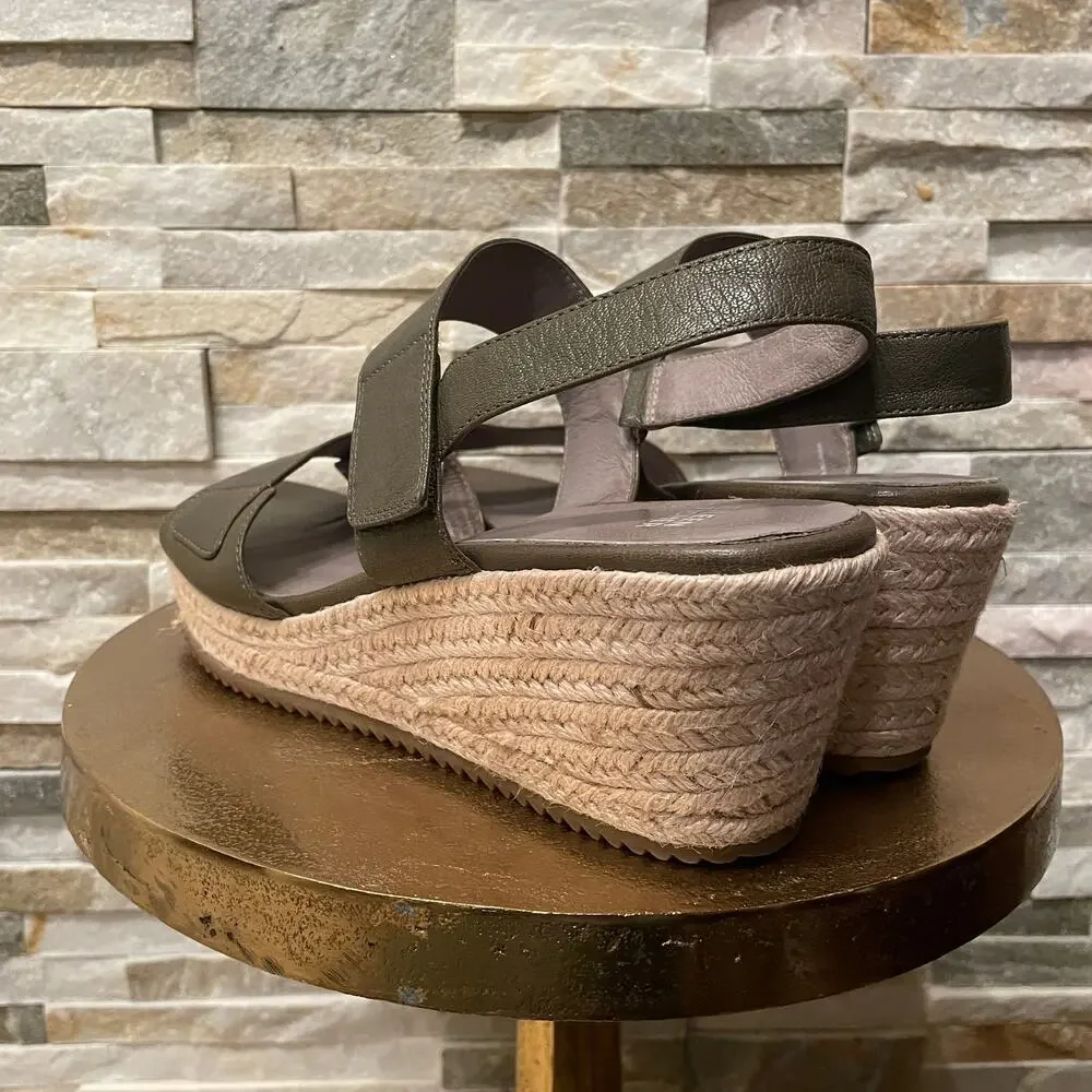 Eileen Fisher 10 Olive Leather Wedge Sandals | Espadrille Platform, Adjustable